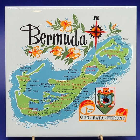 FINAL CLEARANCE Vintage Bermuda Map Crest Souvenir Wall Tile Trivet MCM 6" - Picture 1 of 3